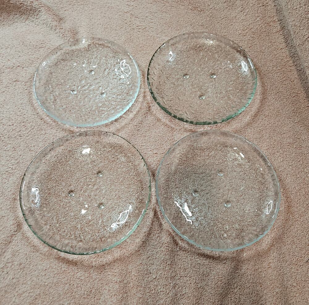 Set of 4 Clear Textured Glass Small Plates / Candle Plates / Plant Trays